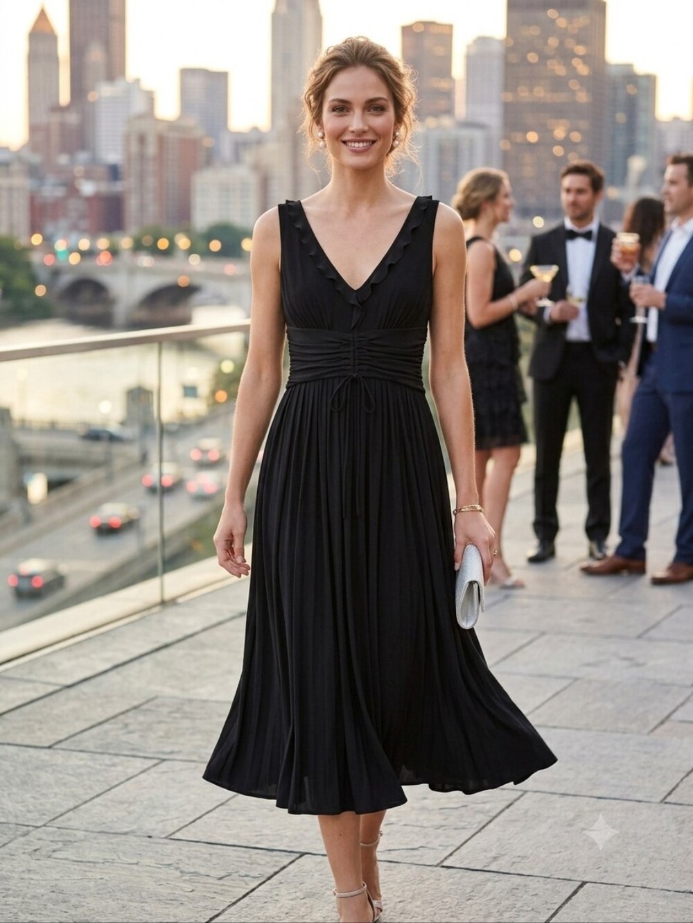 Anne Klein Women's Minimalist Black Ruched Ruffle Cocktail Midi Dress Size 8